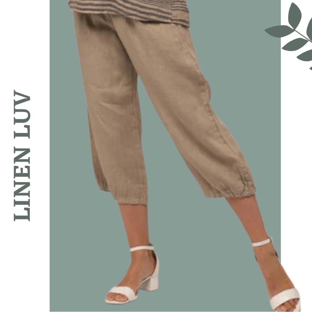 Linen Luv Cropped Pant Elastic Knit Waist front Button Detail Pockets Natural